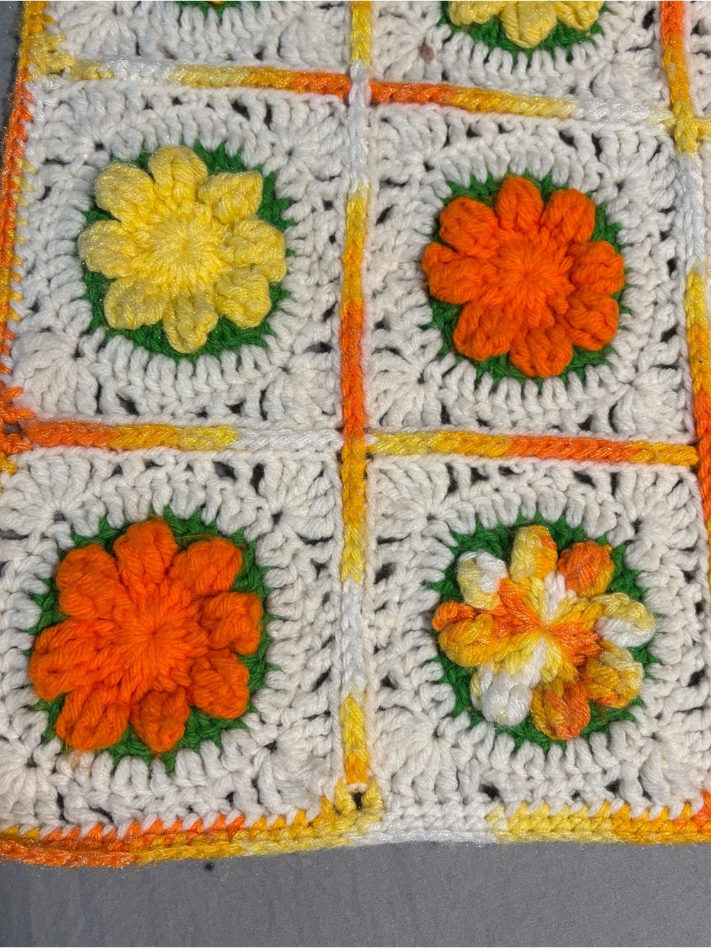 Afghan 3D Granny Flower Knitted Crochet Throw Blanket Orange Yellow 72x45 Groovy - Picture 4 of 8